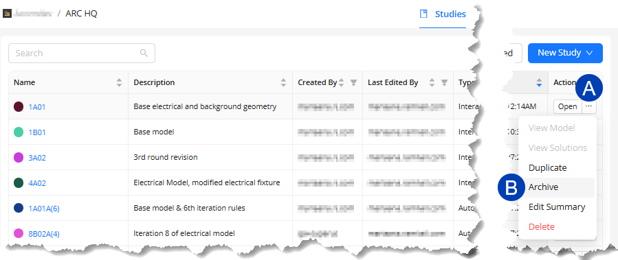 Overview of studies with options to manage and create new studies in the interface.